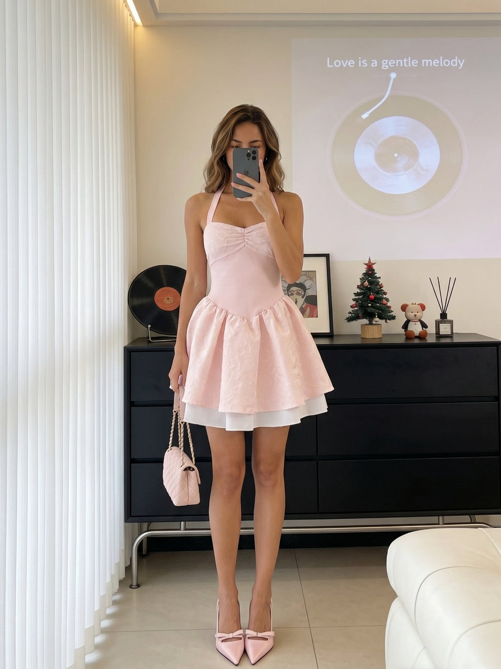 Blushing Pink Satin A-Line Halter Neckline Backless Short Homecoming Dress with Pleating - Curvevia