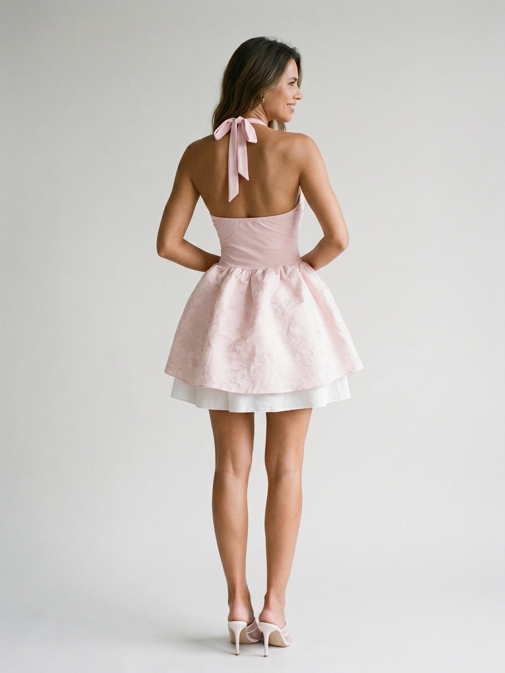 Blushing Pink Satin A-Line Halter Neckline Backless Short Homecoming Dress with Pleating - Curvevia
