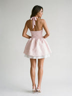 Blushing Pink Satin A-Line Halter Neckline Backless Short Homecoming Dress with Pleating - Curvevia