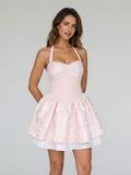 Blushing Pink Satin A-Line Halter Neckline Backless Short Homecoming Dress with Pleating - Curvevia