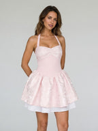 Blushing Pink Satin A-Line Halter Neckline Backless Short Homecoming Dress with Pleating - Curvevia