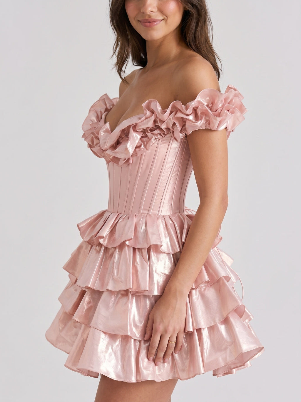 Blushing Pink Satin A-Line Off-Shoulder Criss-Cross Short Homecoming Dress with Ruffles - Curvevia