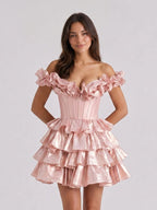 Blushing Pink Satin A-Line Off-Shoulder Criss-Cross Short Homecoming Dress with Ruffles - Curvevia