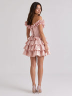 Blushing Pink Satin A-Line Off-Shoulder Criss-Cross Short Homecoming Dress with Ruffles - Curvevia