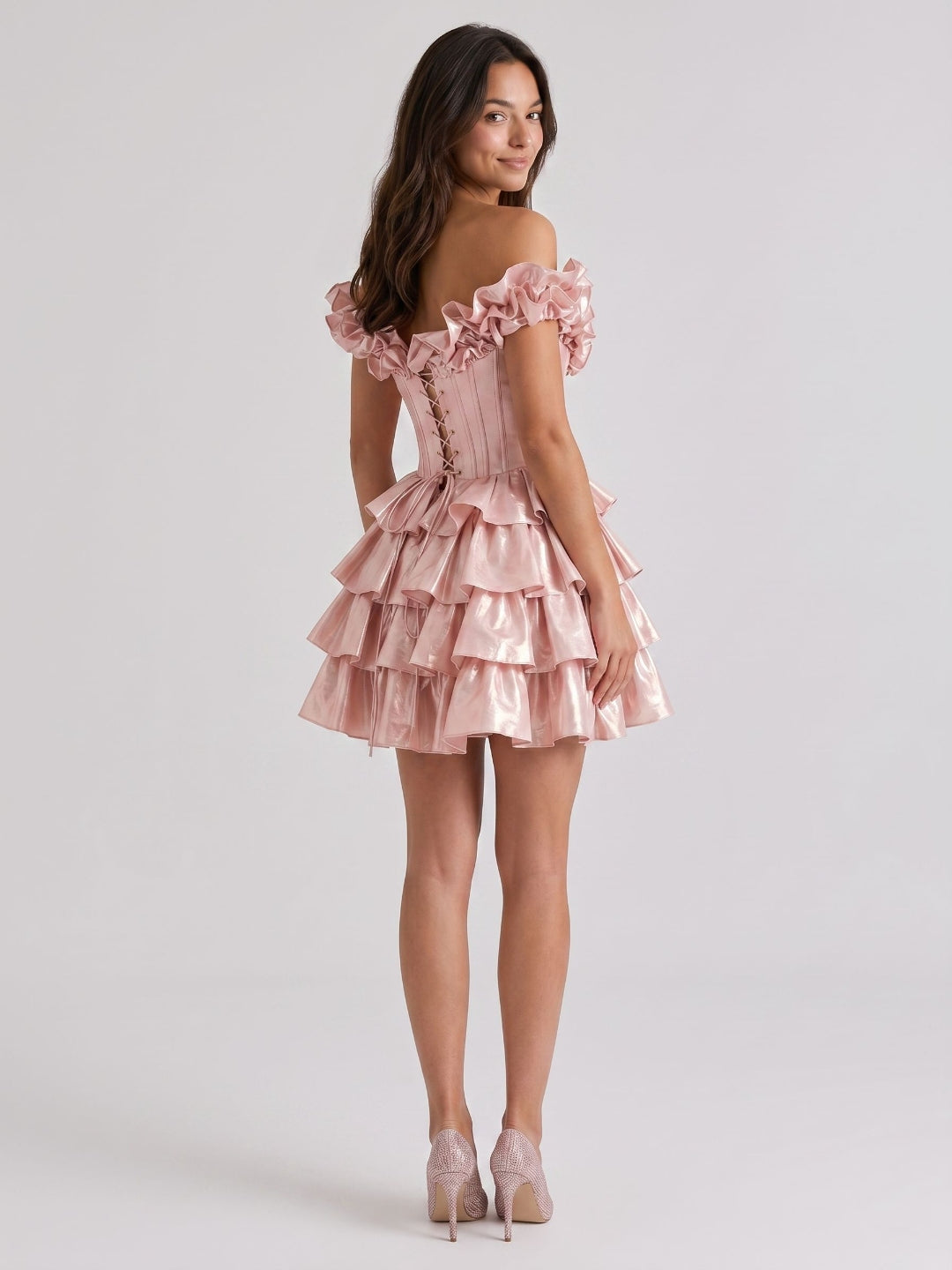 Blushing Pink Satin A-Line Off-Shoulder Criss-Cross Short Homecoming Dress with Ruffles - Curvevia