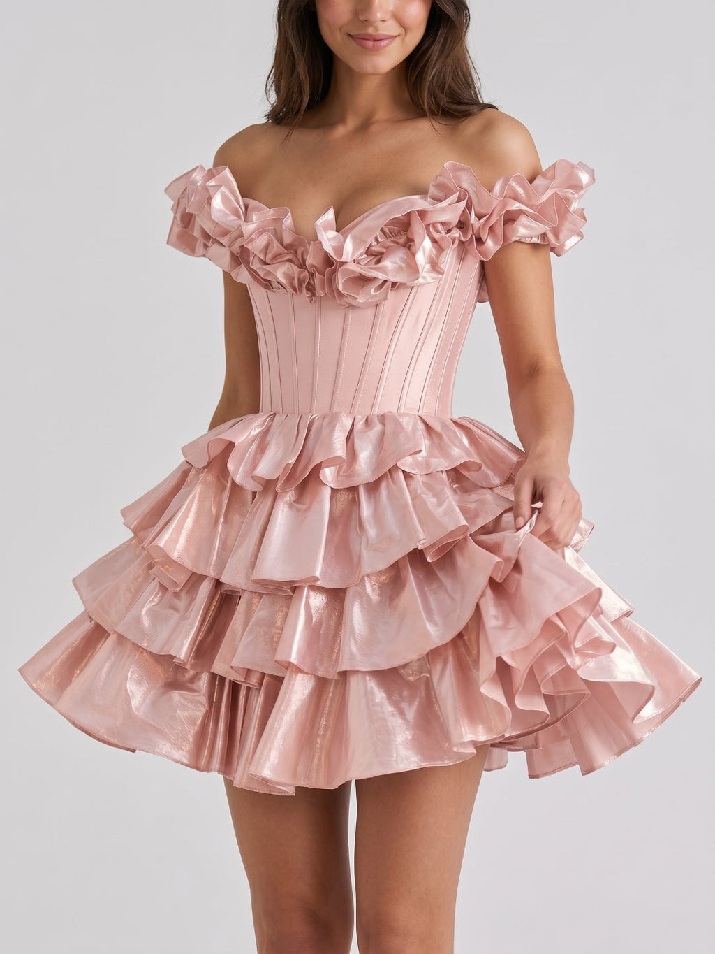 Blushing Pink Satin A-Line Off-Shoulder Criss-Cross Short Homecoming Dress with Ruffles - Curvevia