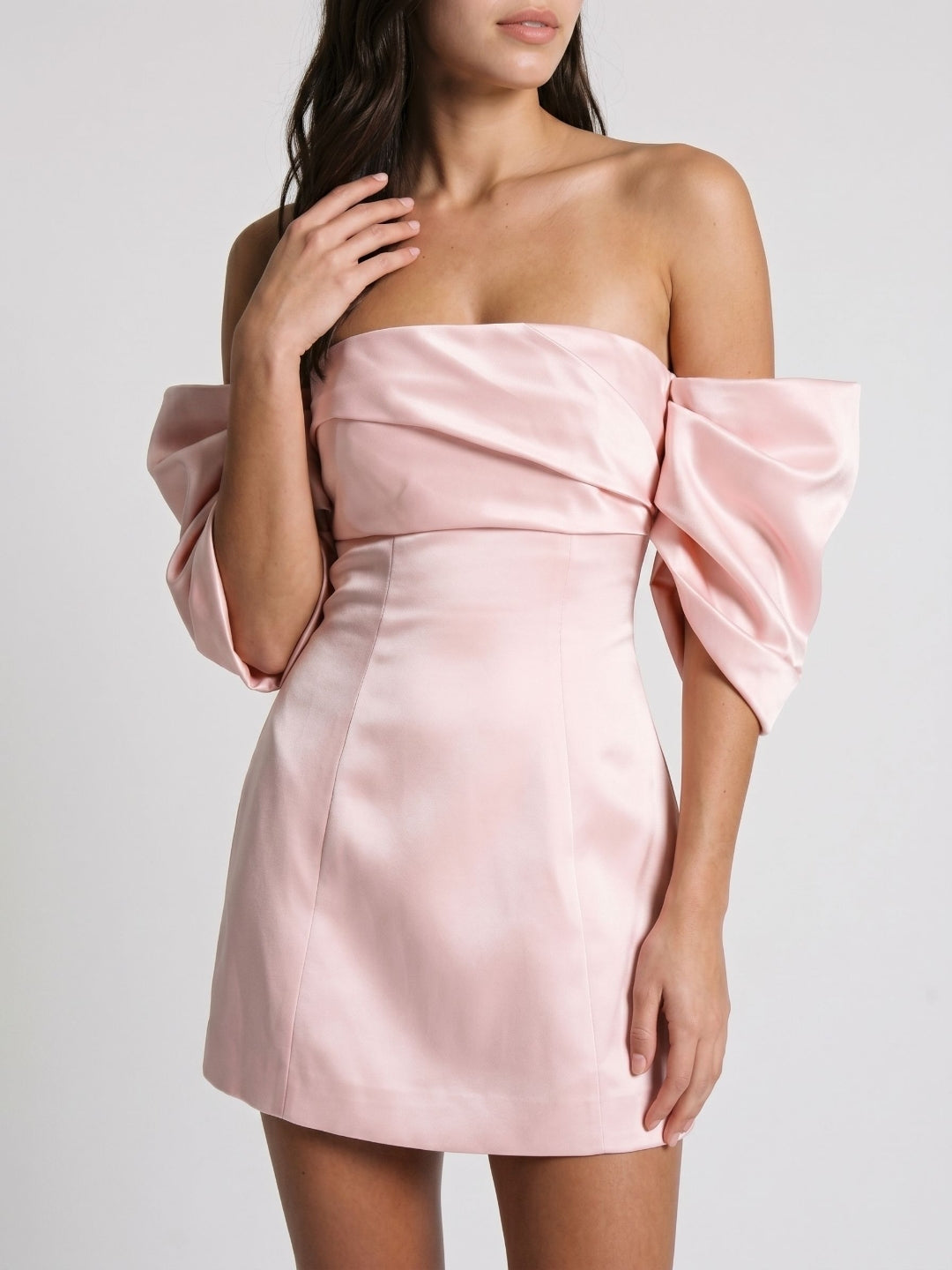 Blushing Pink Satin A-Line Off-the-Shoulder Back Zip Short Dress with Pleating - Curvevia