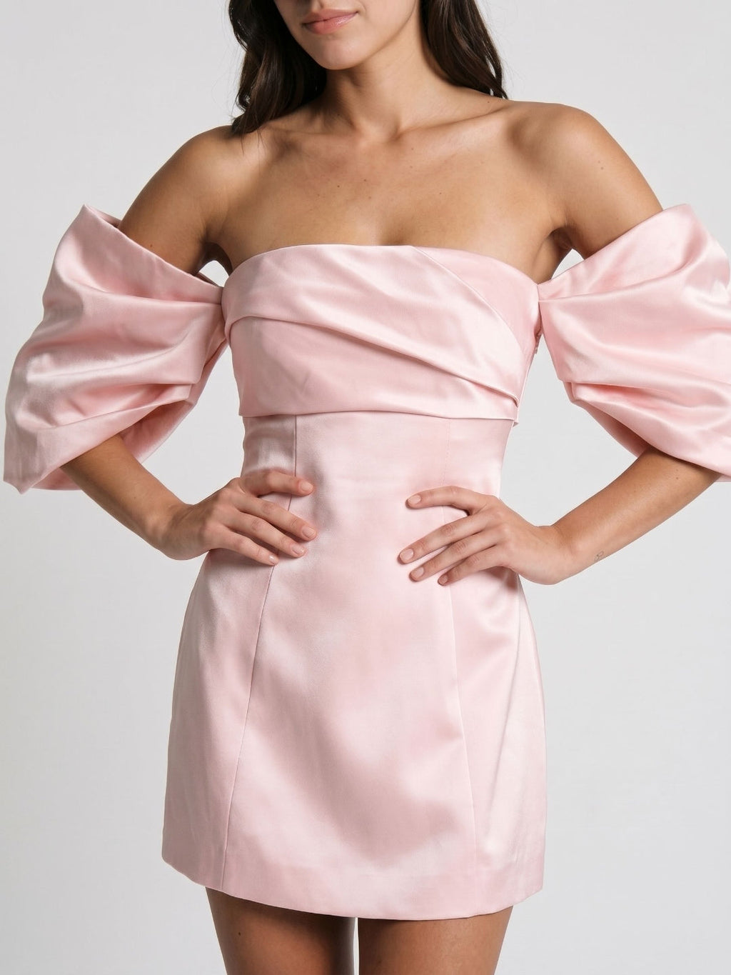 Blushing Pink Satin A-Line Off-the-Shoulder Back Zip Short Dress with Pleating - Curvevia