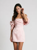 Blushing Pink Satin A-Line Off-the-Shoulder Back Zip Short Dress with Pleating - Curvevia