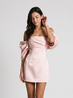 Blushing Pink Satin A-Line Off-the-Shoulder Back Zip Short Dress with Pleating - Curvevia
