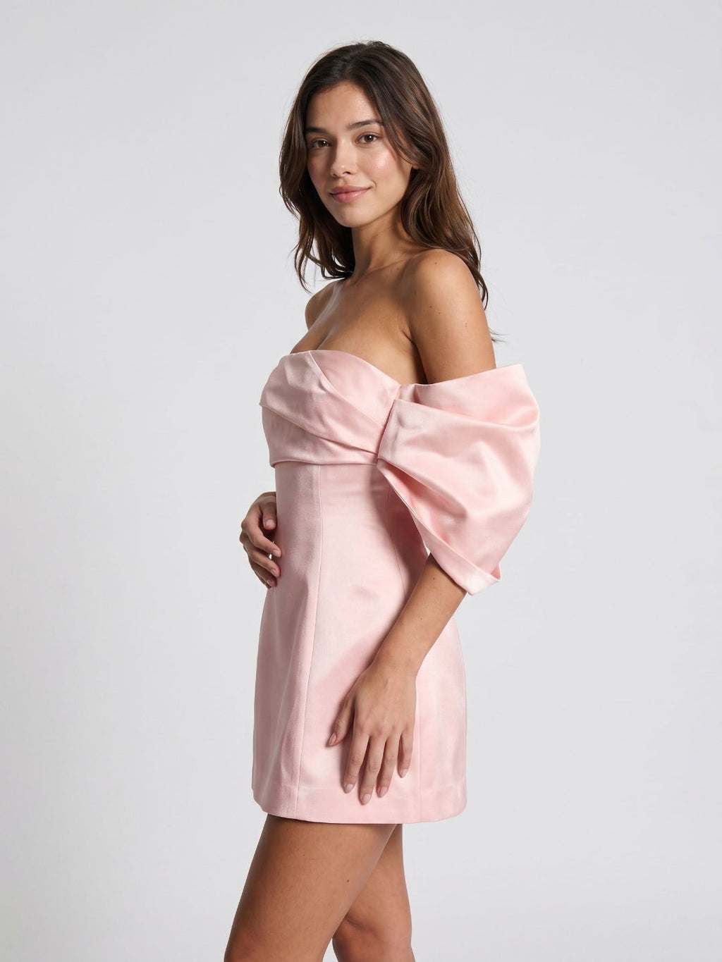 Blushing Pink Satin A-Line Off-the-Shoulder Back Zip Short Dress with Pleating - Curvevia