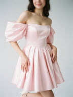 Blushing Pink Satin A-Line Off-the-Shoulder Backless Short Homecoming Dress with Pleating - Curvevia