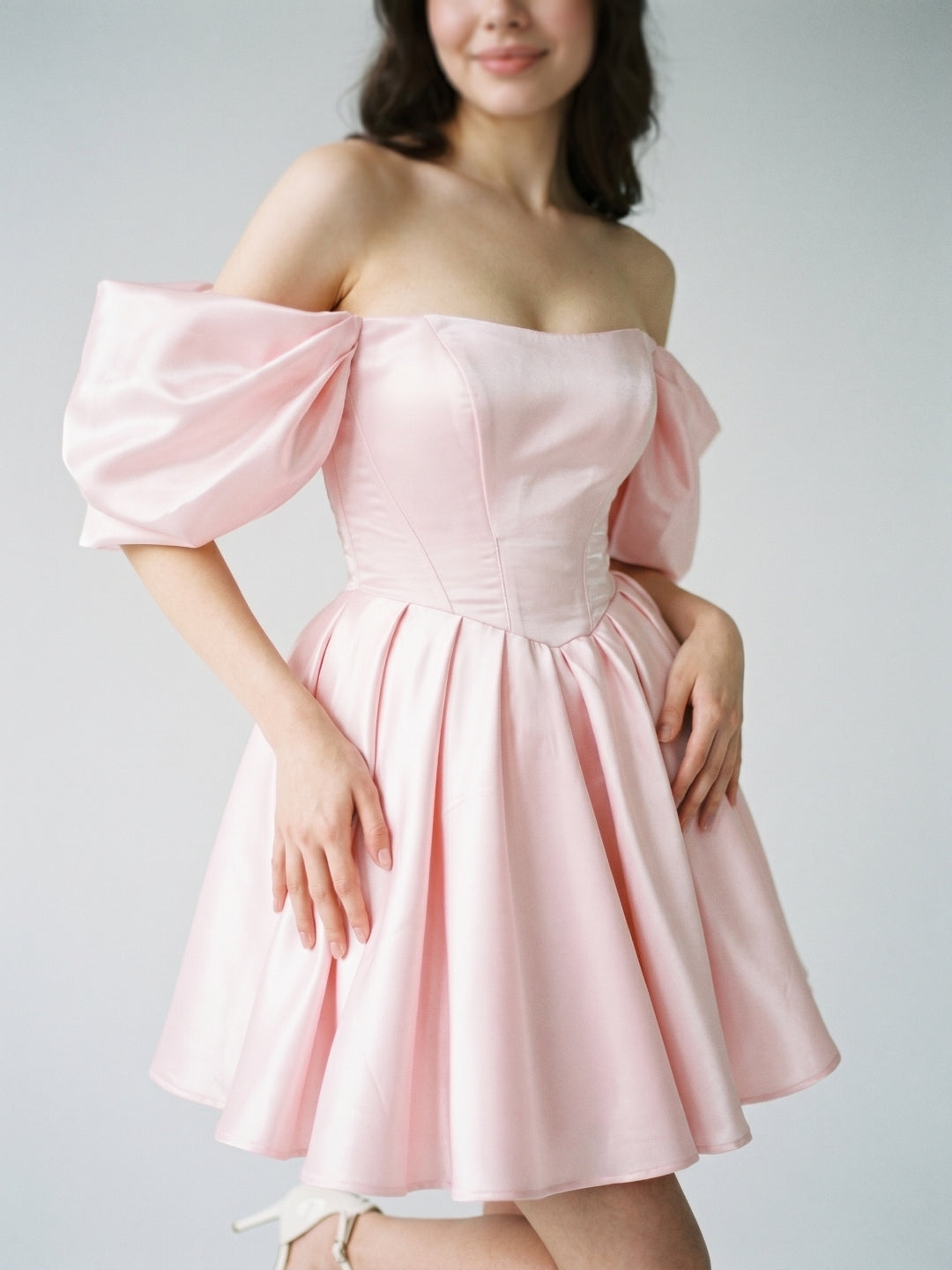 Blushing Pink Satin A-Line Off-the-Shoulder Backless Short Homecoming Dress with Pleating - Curvevia