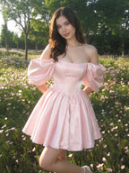 Blushing Pink Satin A-Line Off-the-Shoulder Backless Short Homecoming Dress with Pleating - Curvevia