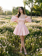 Blushing Pink Satin A-Line Off-the-Shoulder Backless Short Homecoming Dress with Pleating - Curvevia