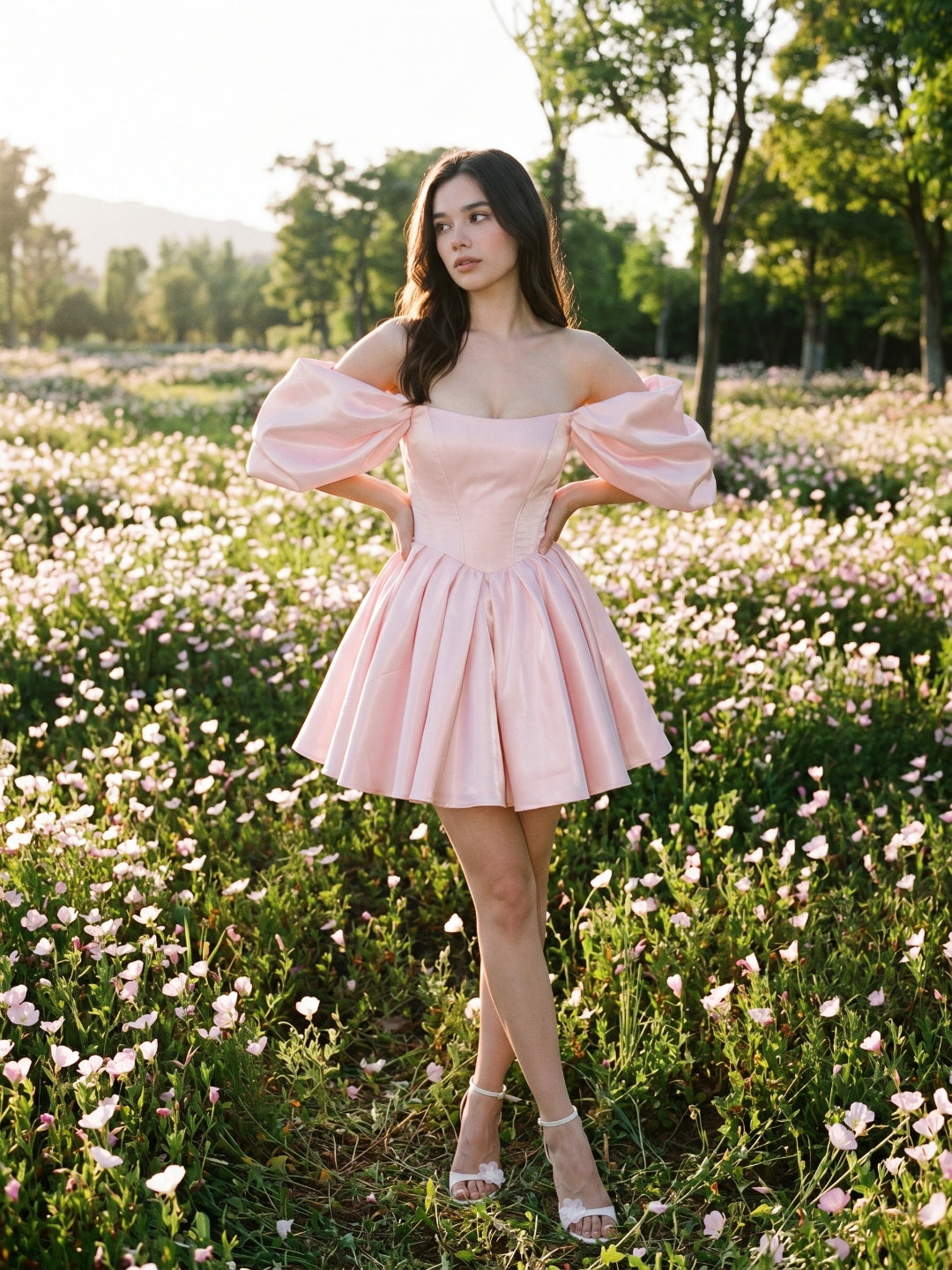 Blushing Pink Satin A-Line Off-the-Shoulder Backless Short Homecoming Dress with Pleating - Curvevia