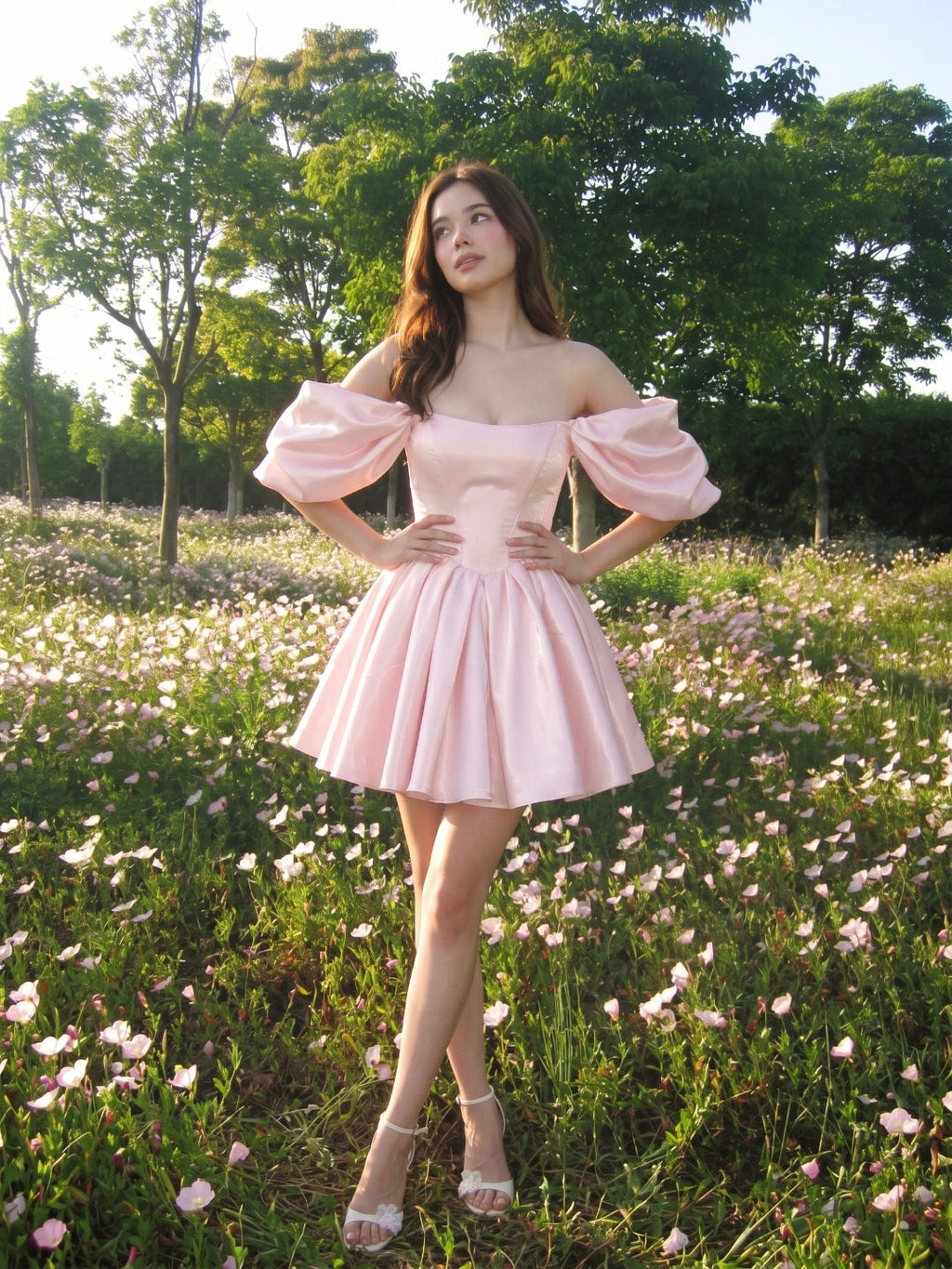 Blushing Pink Satin A-Line Off-the-Shoulder Backless Short Homecoming Dress with Pleating - Curvevia