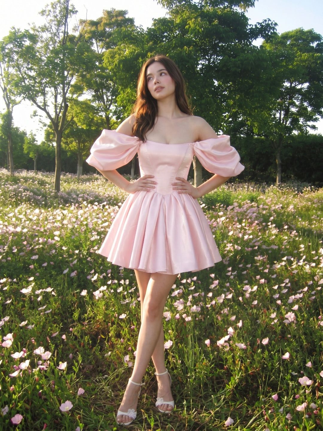 Blushing Pink Satin A-Line Off-the-Shoulder Backless Short Homecoming Dress with Pleating - Curvevia