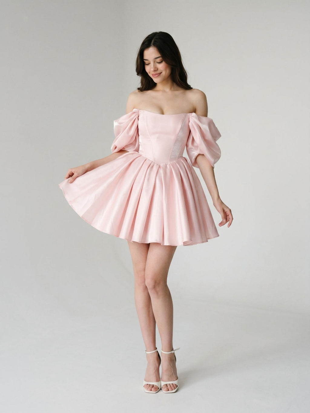 Blushing Pink Satin A-Line Off-the-Shoulder Backless Short Homecoming Dress with Pleating - Curvevia