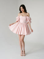 Blushing Pink Satin A-Line Off-the-Shoulder Backless Short Homecoming Dress with Pleating - Curvevia