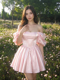 Blushing Pink Satin A-Line Off-the-Shoulder Backless Short Homecoming Dress with Pleating - Curvevia
