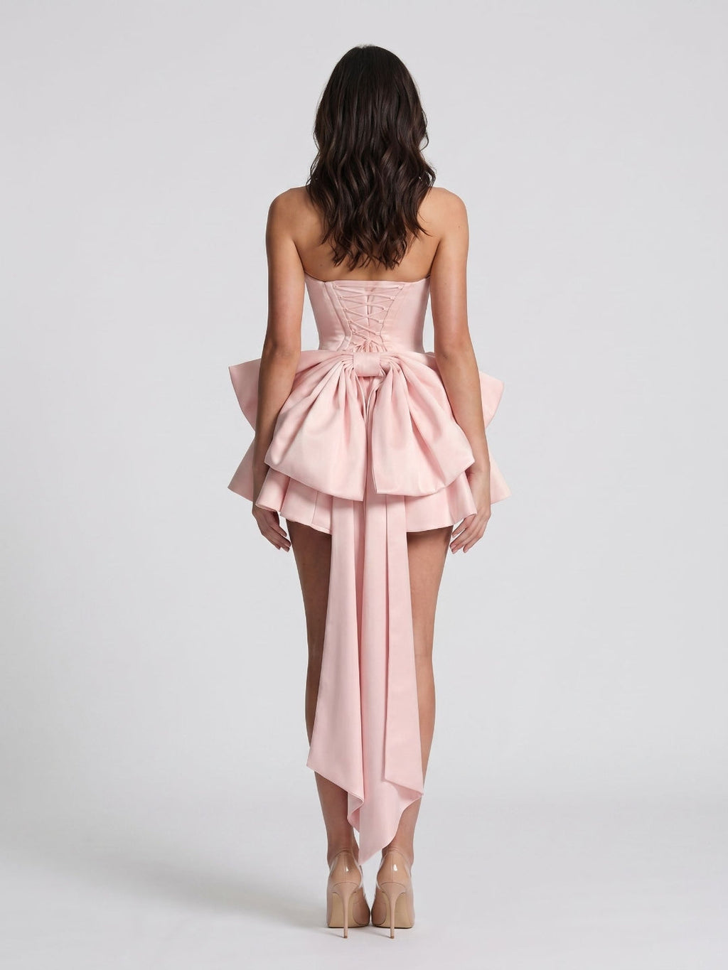 Blushing Pink Satin A-Line Scoop Neck Lace-Up Back Short Dress with Bow - Curvevia