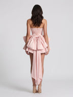 Blushing Pink Satin A-Line Scoop Neck Lace-Up Back Short Dress with Bow - Curvevia