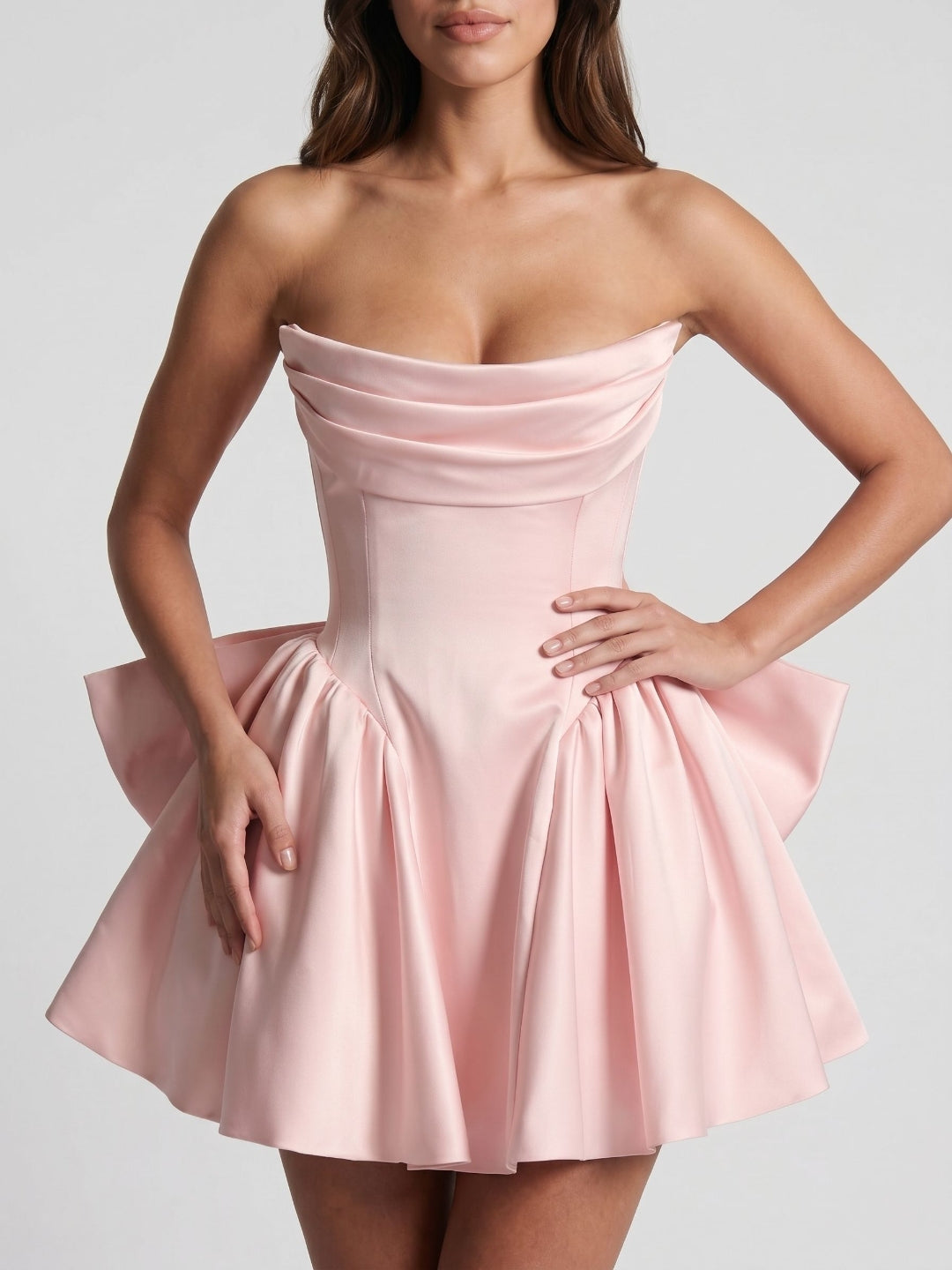 Blushing Pink Satin A-Line Scoop Neck Lace-Up Back Short Dress with Bow - Curvevia
