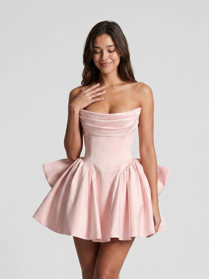 Blushing Pink Satin A-Line Scoop Neck Lace-Up Back Short Dress with Bow - Curvevia
