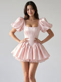 Blushing Pink Satin A-Line Square Neck Back Zip Short Homecoming Dress with Pleating - Curvevia