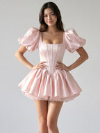 Blushing Pink Satin A-Line Square Neck Back Zip Short Homecoming Dress with Pleating - Curvevia