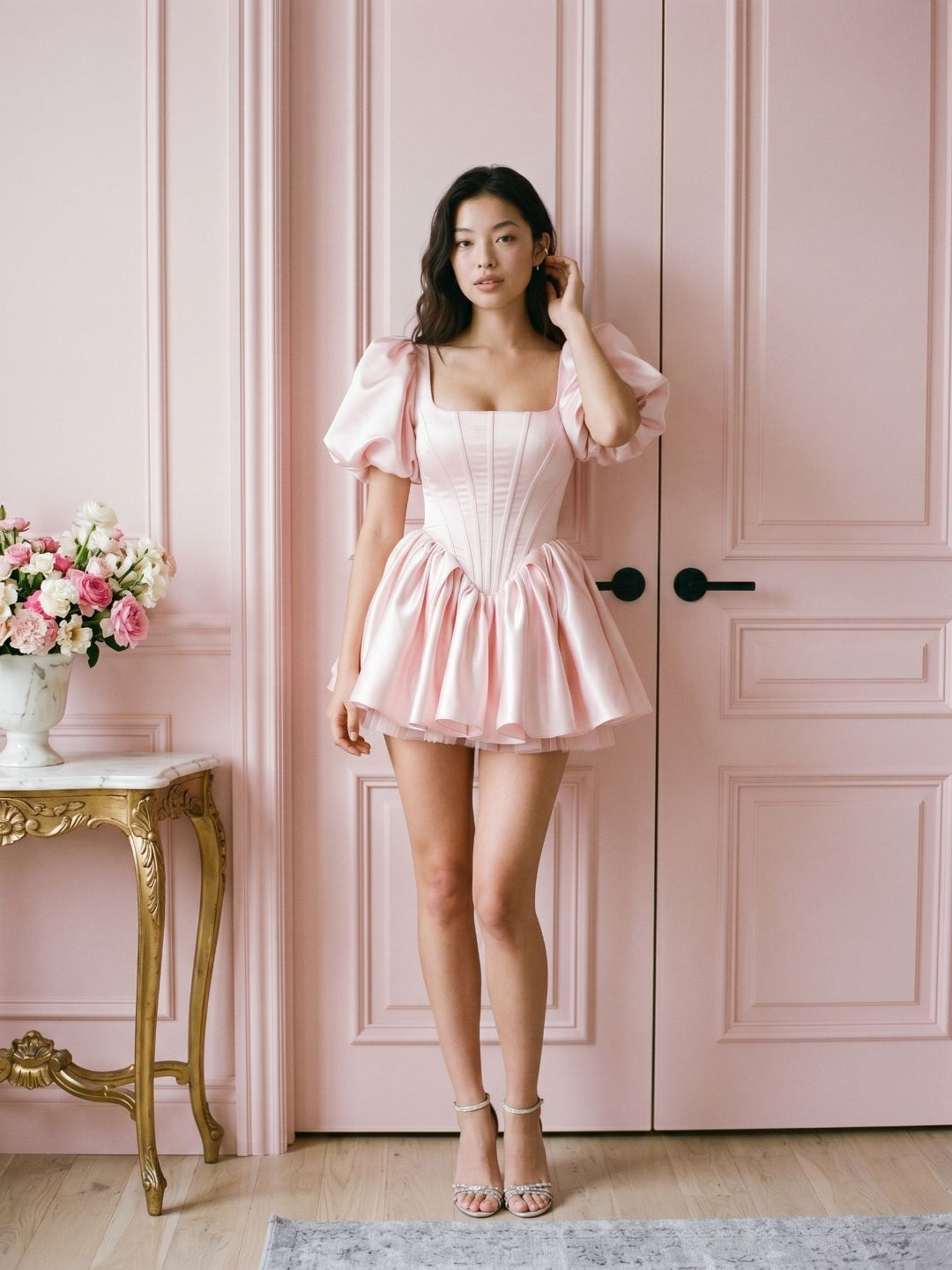Blushing Pink Satin A-Line Square Neck Back Zip Short Homecoming Dress with Pleating - Curvevia