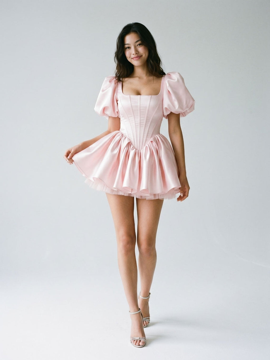 Blushing Pink Satin A-Line Square Neck Back Zip Short Homecoming Dress with Pleating - Curvevia