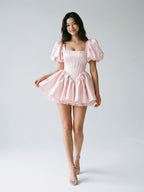 Blushing Pink Satin A-Line Square Neck Back Zip Short Homecoming Dress with Pleating - Curvevia