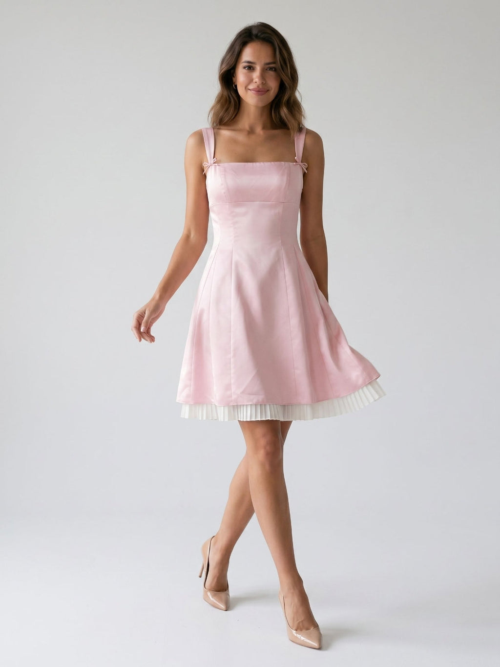 Blushing Pink Satin A-Line Square Neck Back Zip Short Dress with Pleating - Curvevia