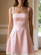 Blushing Pink Satin A-Line Square Neck Back Zip Short Dress with Pleating - Curvevia