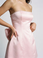 Blushing Pink Satin A-Line Straight Neck Back Zip Short Dress with Bow - Curvevia