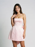 Blushing Pink Satin A-Line Straight Neck Back Zip Short Dress with Bow - Curvevia