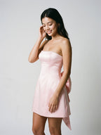 Blushing Pink Satin A-Line Straight Neck Back Zip Short Dress with Bow - Curvevia