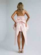 Blushing Pink Satin A-Line Straight Neck Lace-Up Back Short Dress with Bow - Curvevia
