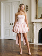 Blushing Pink Satin A-Line Straight Neck Lace-Up Back Short Dress with Bow - Curvevia