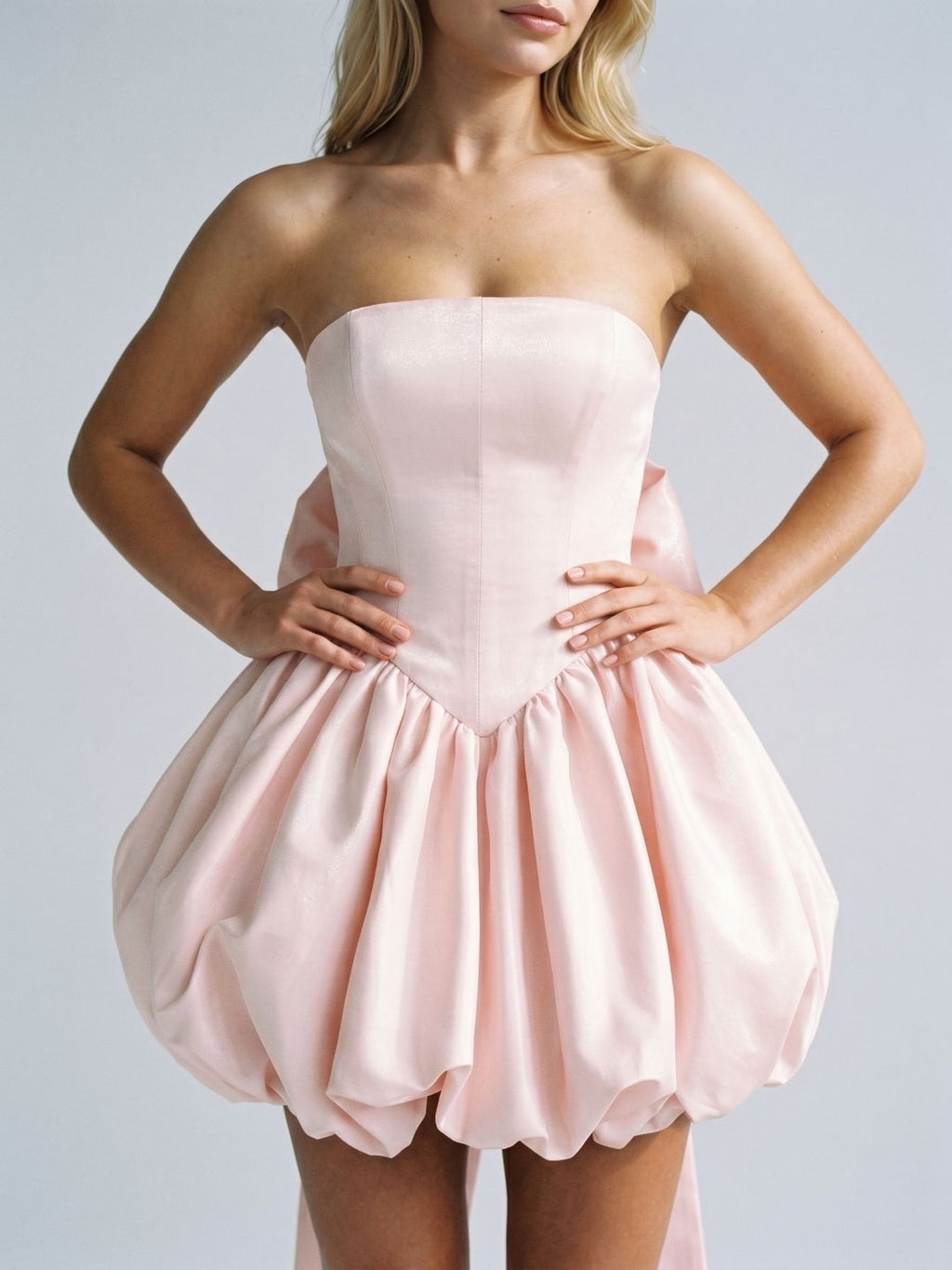 Blushing Pink Satin A-Line Straight Neck Lace-Up Back Short Dress with Bow - Curvevia