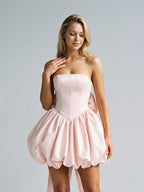Blushing Pink Satin A-Line Straight Neck Lace-Up Back Short Dress with Bow - Curvevia