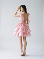 Blushing Pink Satin A-Line V-Neck Backless Short Homecoming Dress with Cascading Ruffles - Curvevia