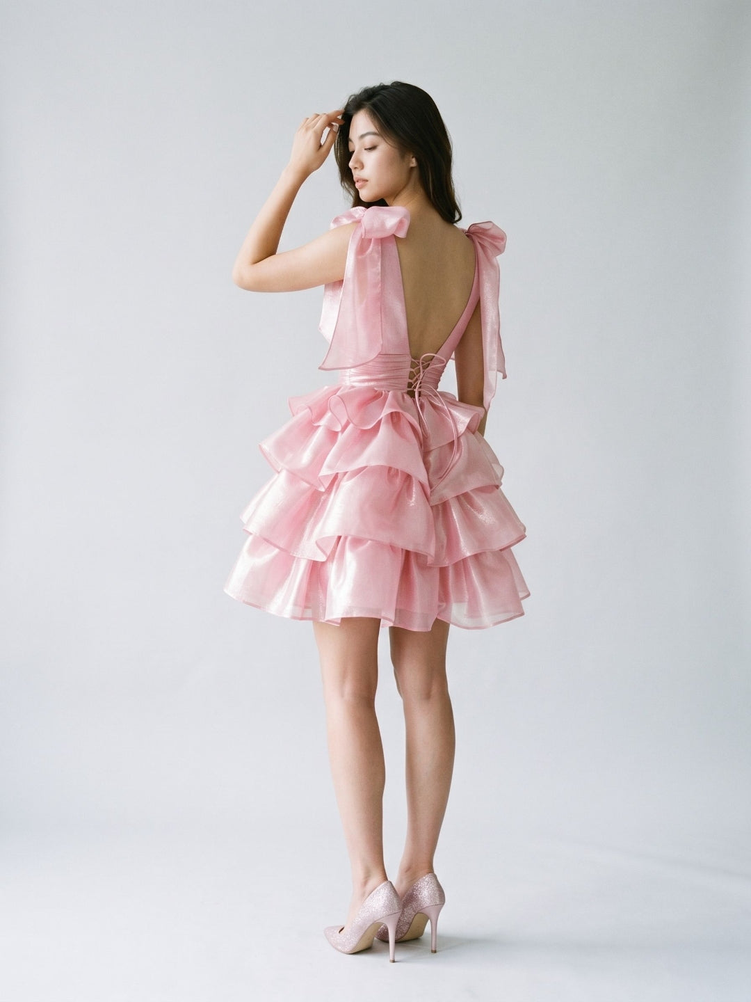 Blushing Pink Satin A-Line V-Neck Backless Short Homecoming Dress with Cascading Ruffles - Curvevia