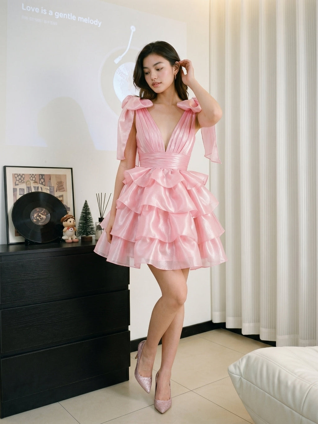 Blushing Pink Satin A-Line V-Neck Backless Short Homecoming Dress with Cascading Ruffles - Curvevia