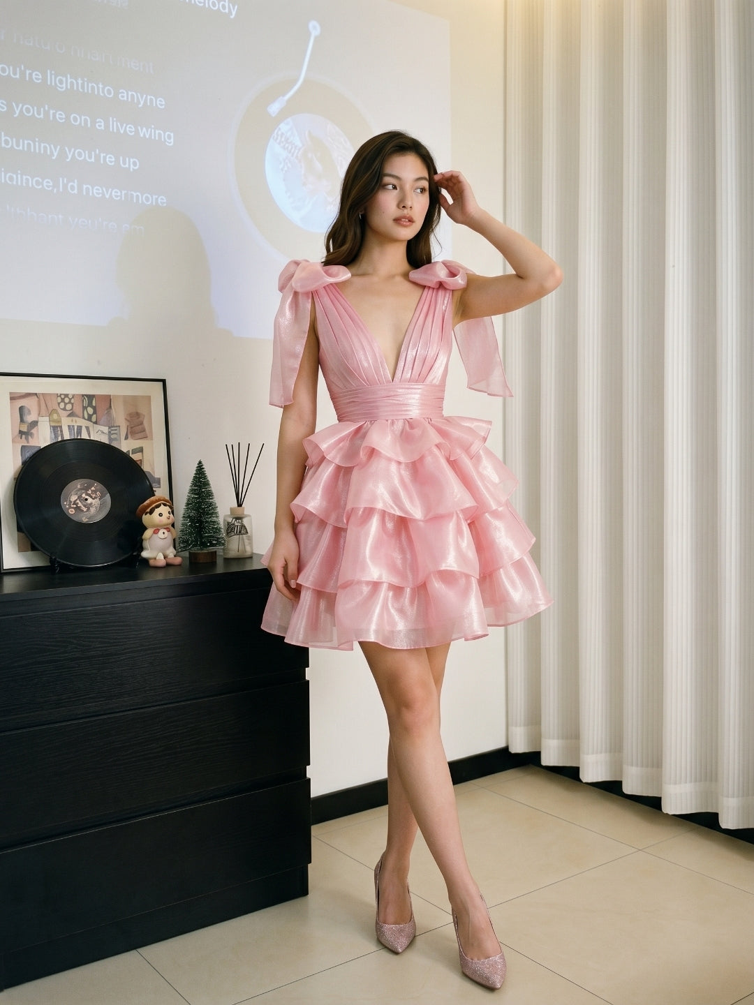 Blushing Pink Satin A-Line V-Neck Backless Short Homecoming Dress with Cascading Ruffles - Curvevia