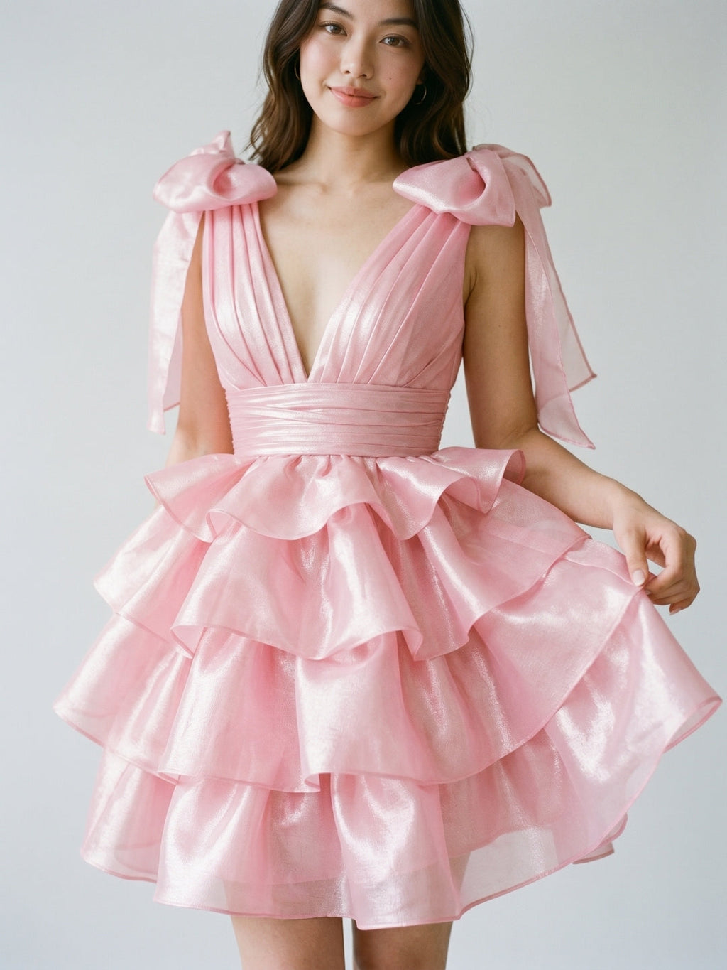 Blushing Pink Satin A-Line V-Neck Backless Short Homecoming Dress with Cascading Ruffles - Curvevia