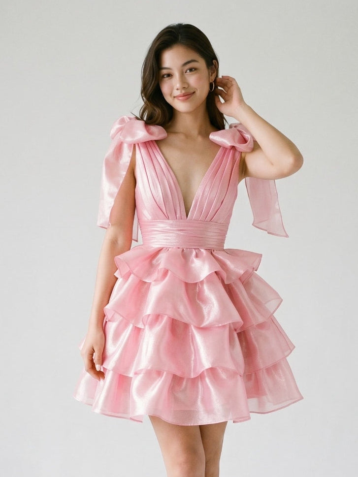 Blushing Pink Satin A-Line V-Neck Backless Short Homecoming Dress with Cascading Ruffles - Curvevia