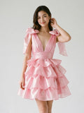 Blushing Pink Satin A-Line V-Neck Backless Short Homecoming Dress with Cascading Ruffles - Curvevia
